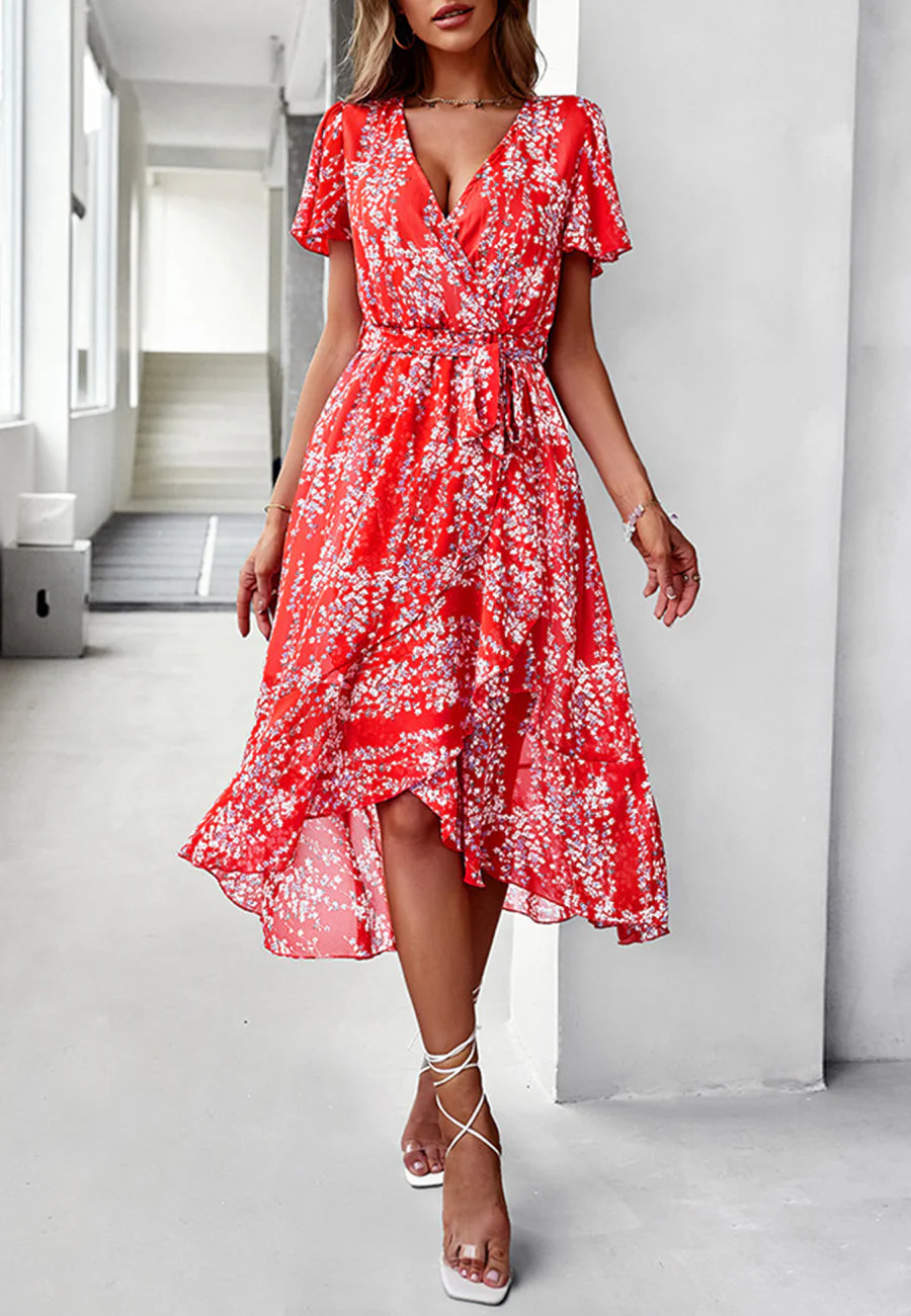 Floral Print Flutter Sleeve Wrap Dress - Image 32