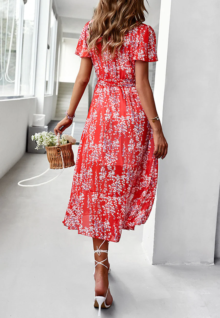 Floral Print Flutter Sleeve Wrap Dress - Image 36