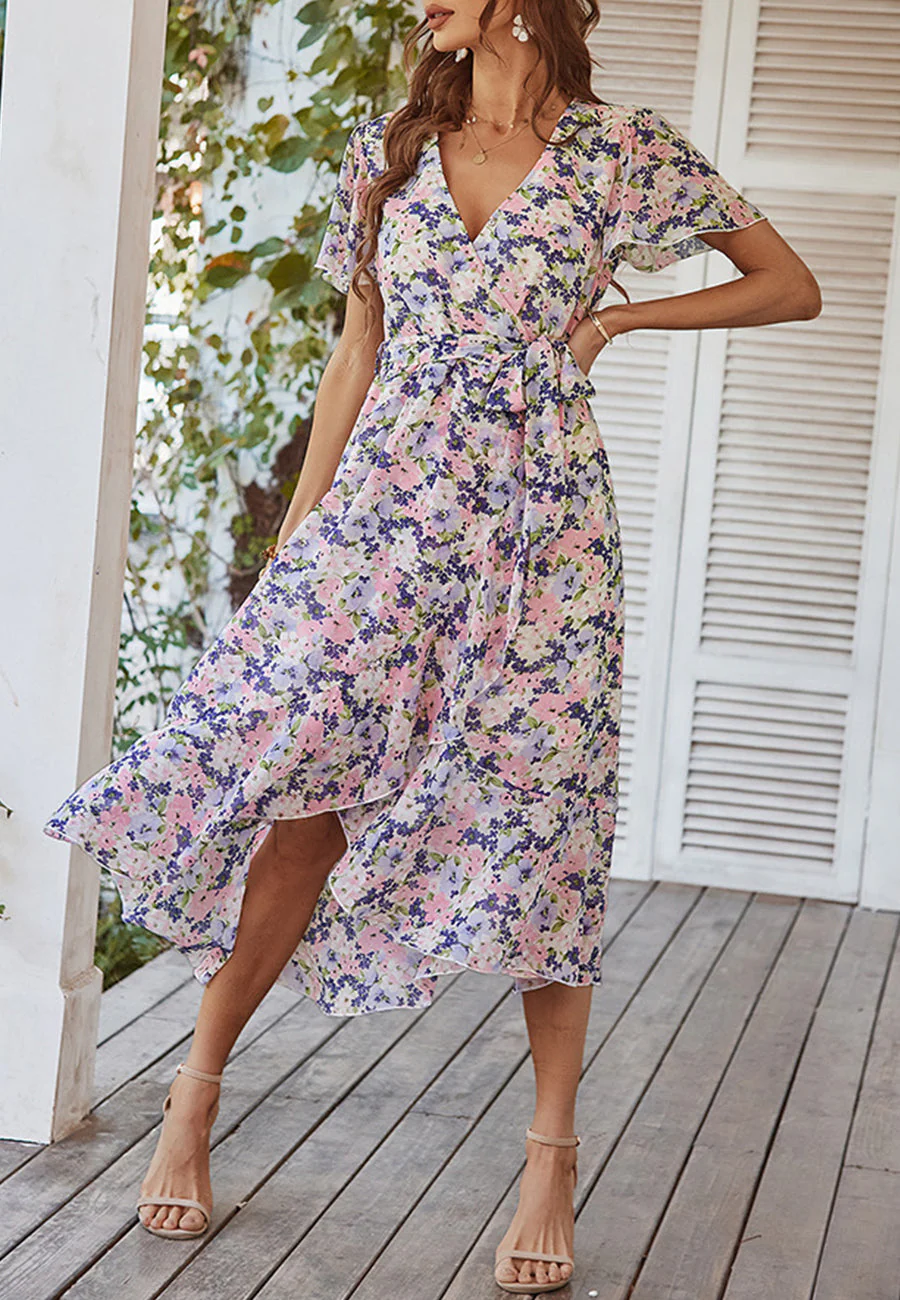 Floral Print Flutter Sleeve Wrap Dress - Image 37