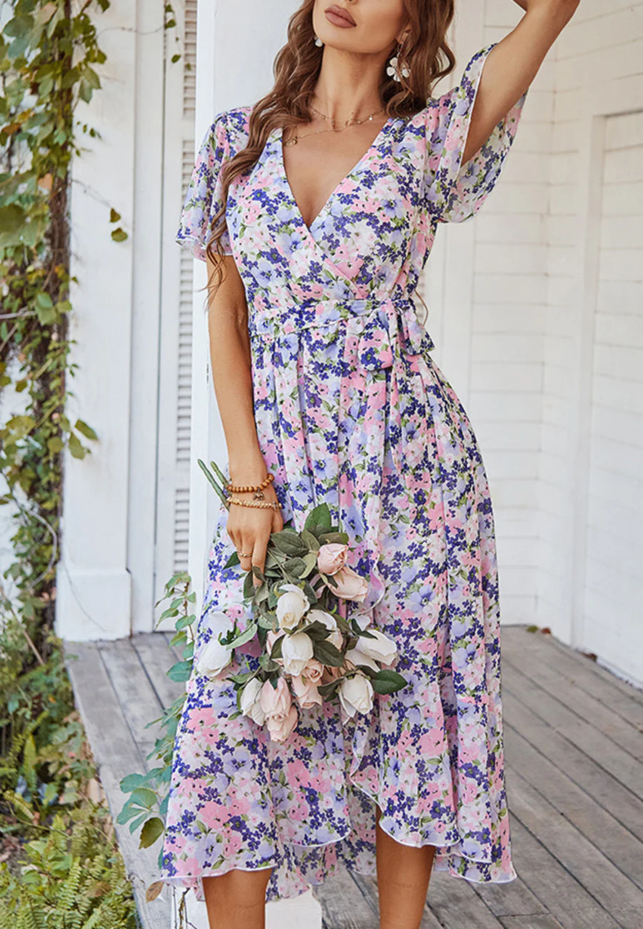 Floral Print Flutter Sleeve Wrap Dress - Image 38