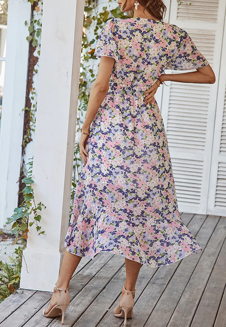 Floral Print Flutter Sleeve Wrap Dress - Image 42
