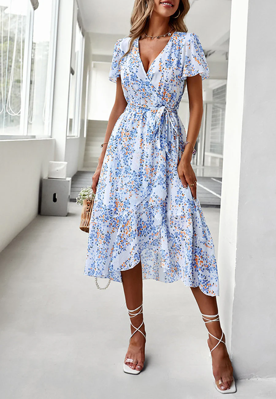 Floral Print Flutter Sleeve Wrap Dress - Image 5