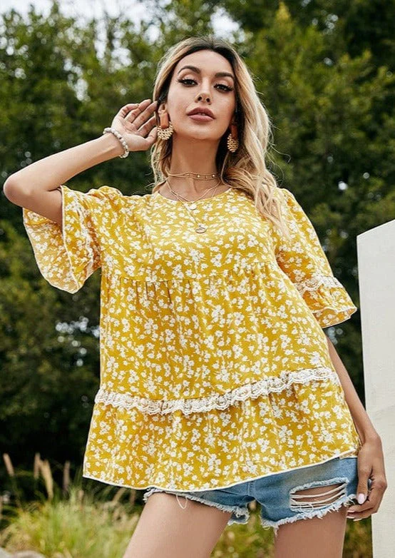 Floral Print Lace Trim Blouse - Image 2