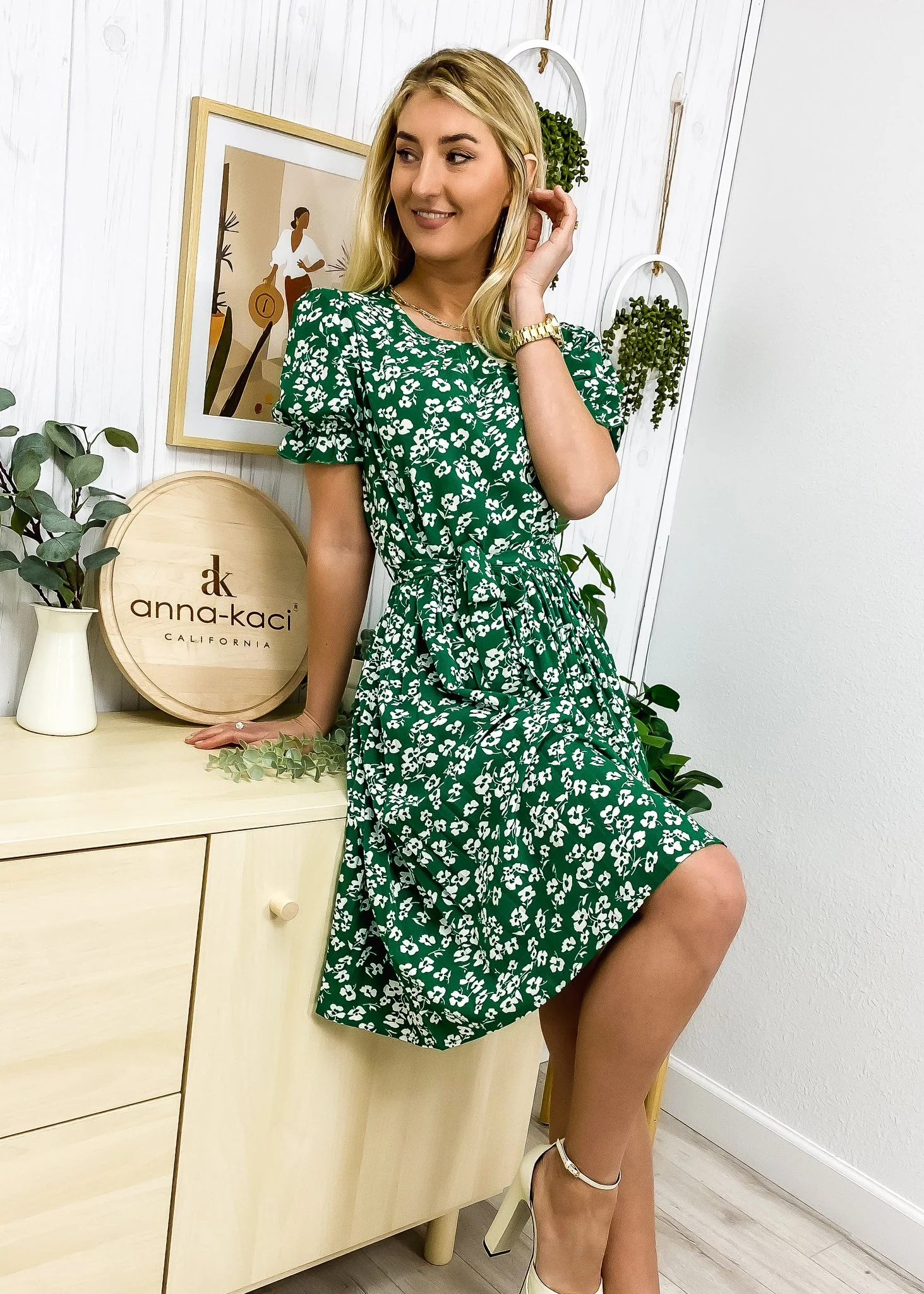Floral Print Pleated Neck Dress - Image 7