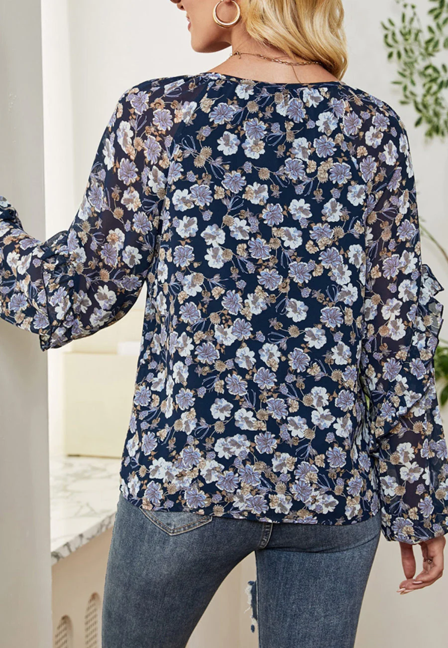 Floral Print Ruffle Sleeve Blouse - Image 6