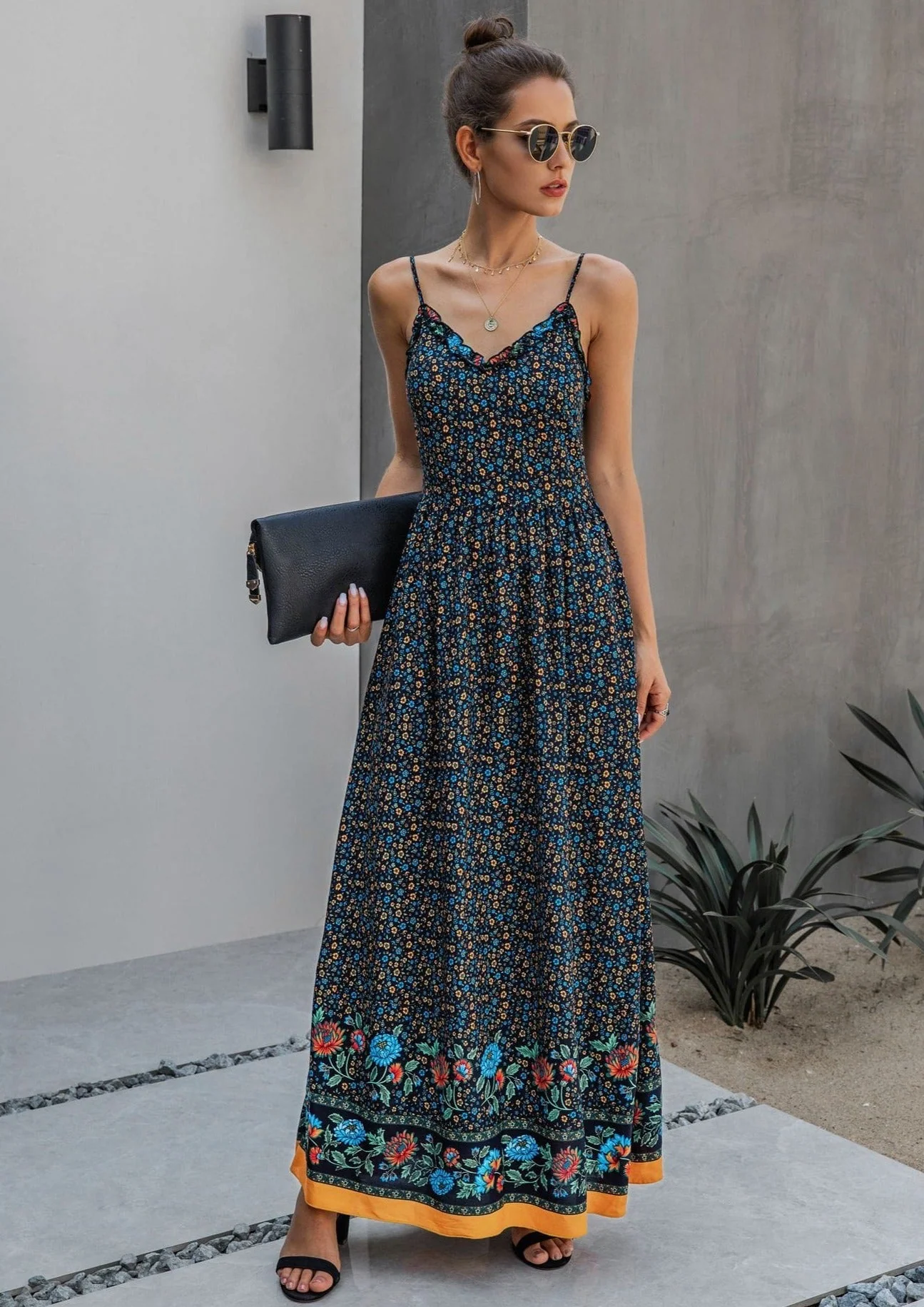 Floral Print V Neck Maxi Dress - Image 2