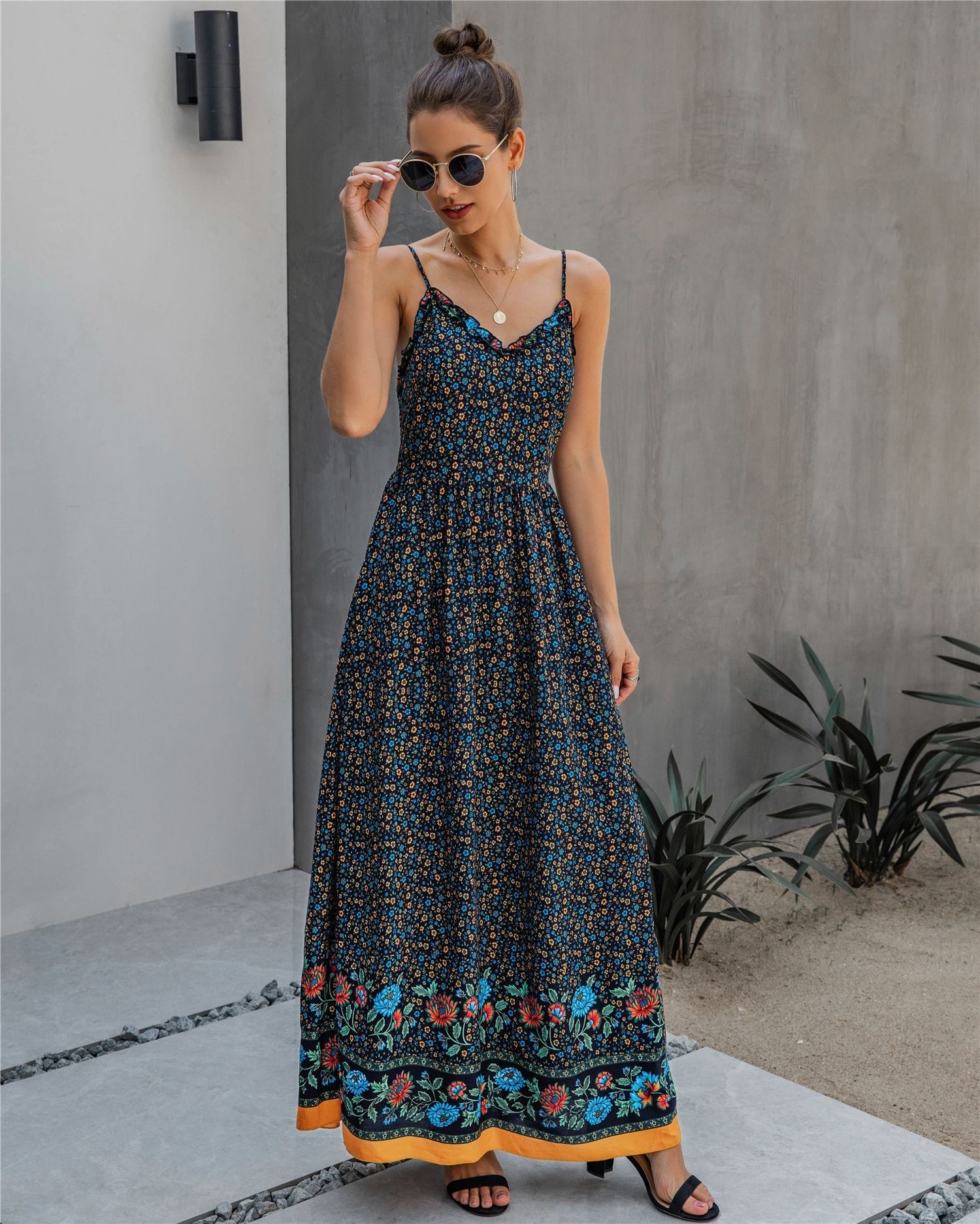 Floral Print V Neck Maxi Dress - Image 3