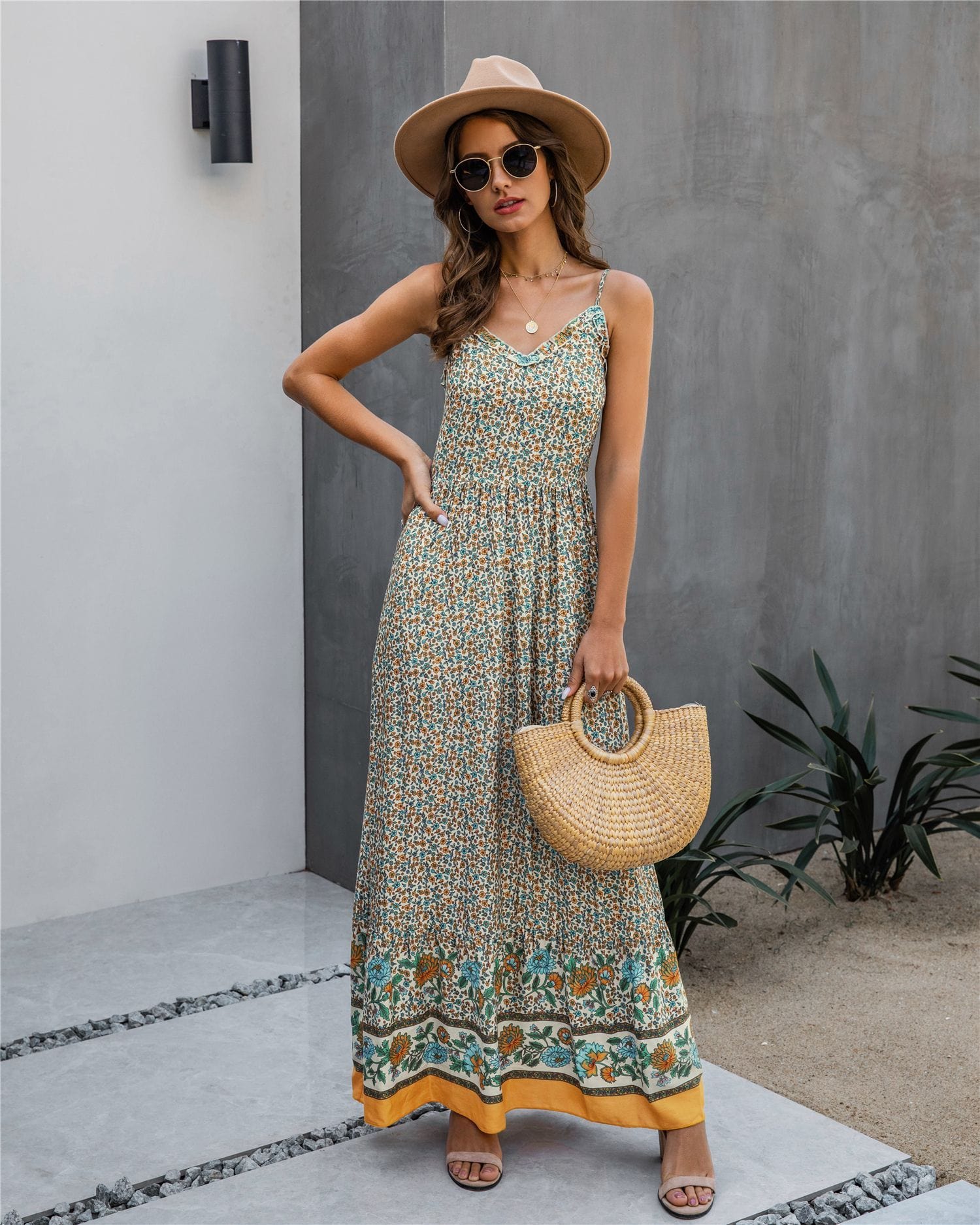 Floral Print V Neck Maxi Dress - Image 5