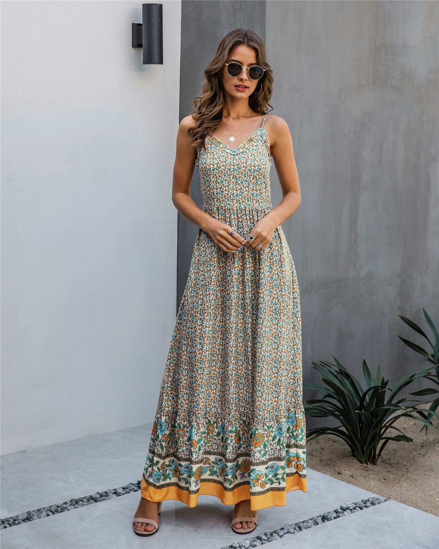 Floral Print V Neck Maxi Dress - Image 7