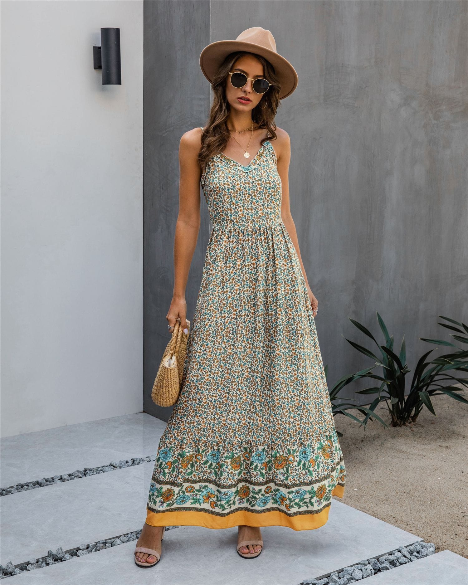 Floral Print V Neck Maxi Dress - Image 8