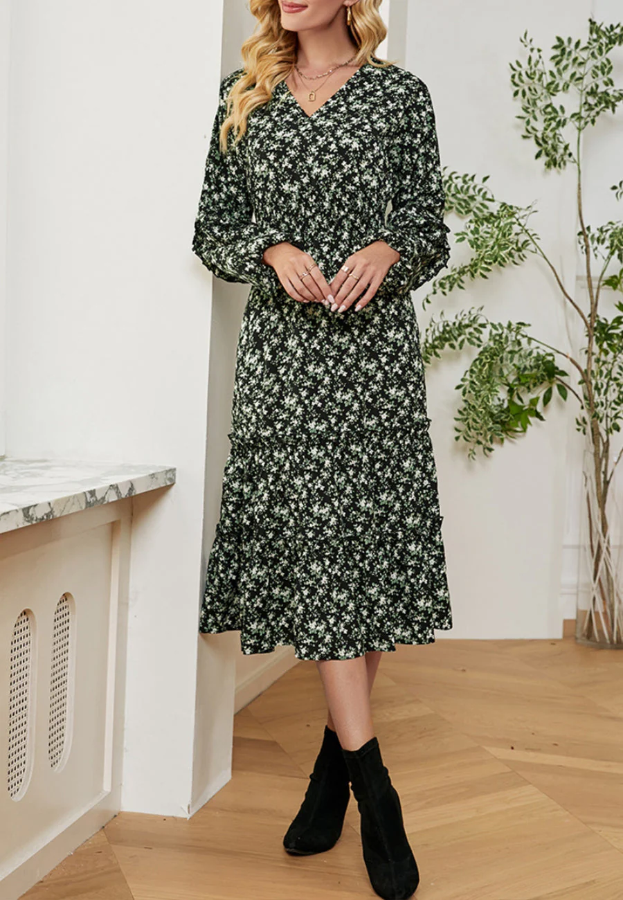 Floral Print V Neck Midi Dress - Image 4