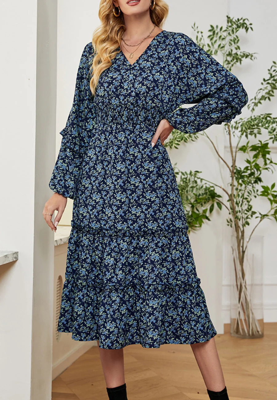 Floral Print V Neck Midi Dress - Image 7