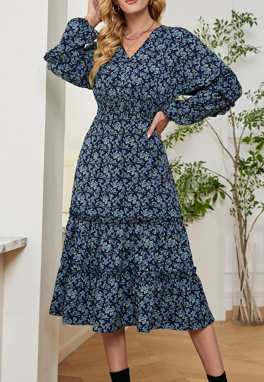 Floral Print V Neck Midi Dress - Image 8