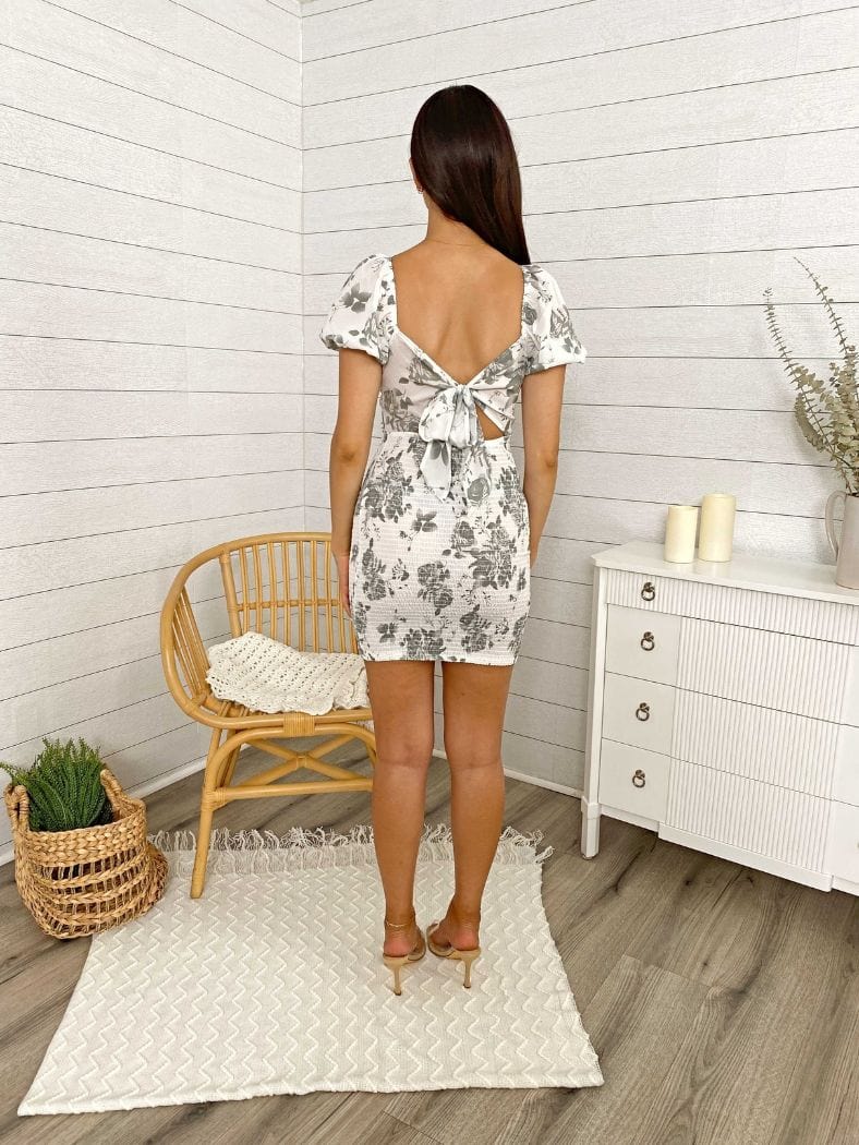 Floral Printed Puff Sleeve Low Back Mini Dress - Image 2