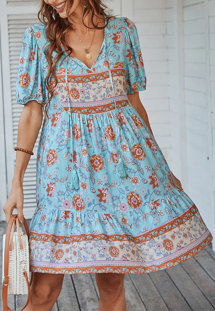 Floral Puff Sleeve Bohemian Dress - Image 11