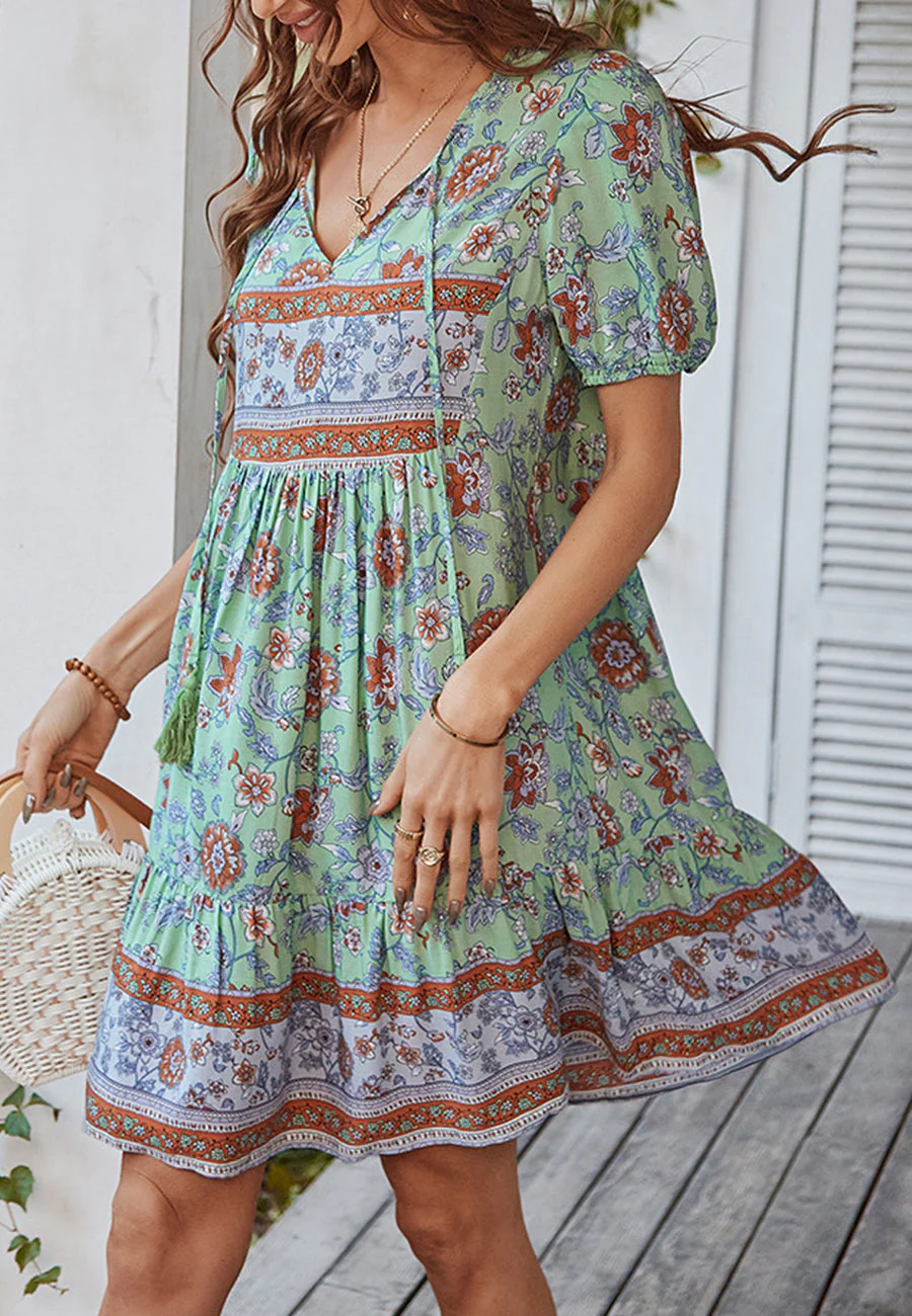 Floral Puff Sleeve Bohemian Dress - Image 14