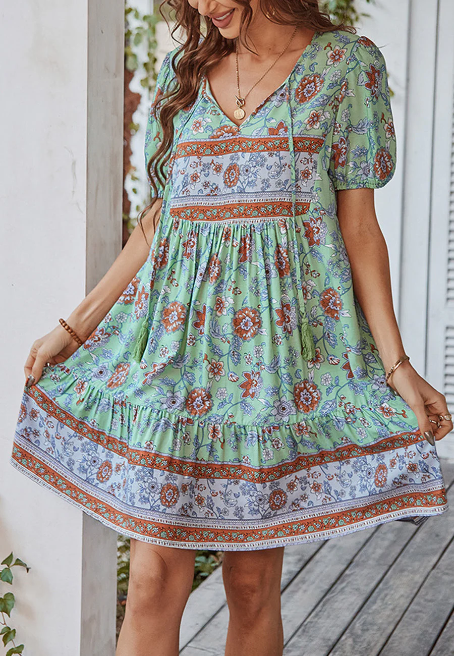 Floral Puff Sleeve Bohemian Dress - Image 15