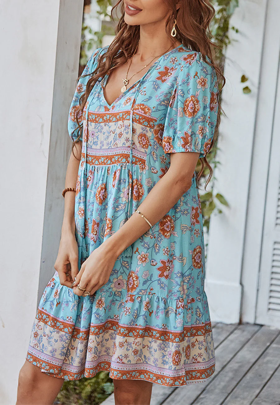 Floral Puff Sleeve Bohemian Dress - Image 8
