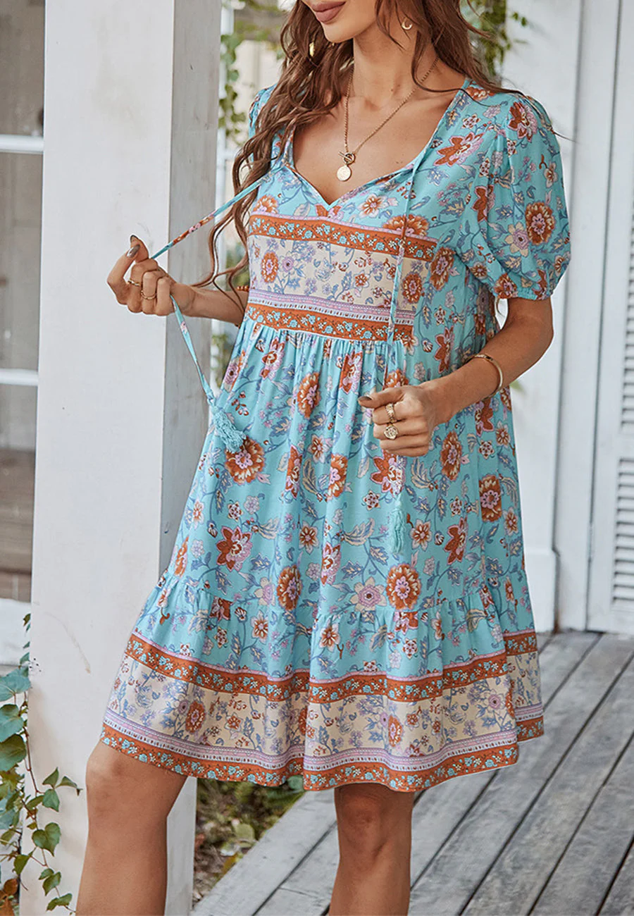Floral Puff Sleeve Bohemian Dress - Image 9