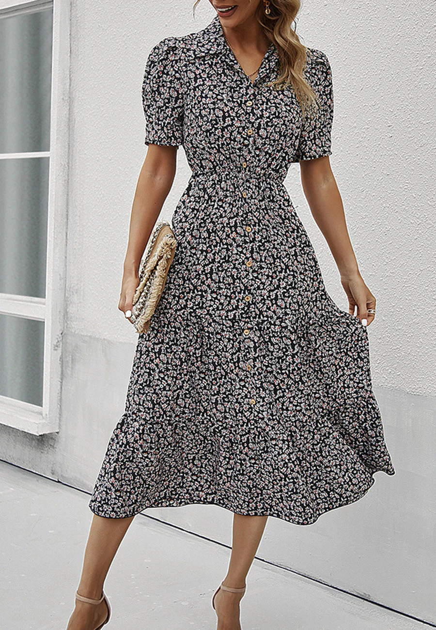 Floral Puff Sleeve Vintage Dress - Image 2