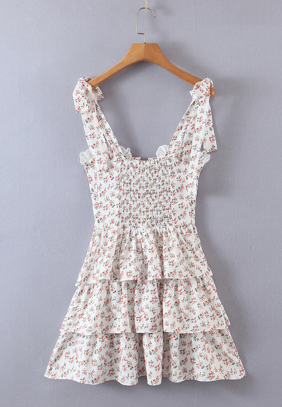 Floral Ribbon Tying Lace Up Ruffled Dress - Image 11