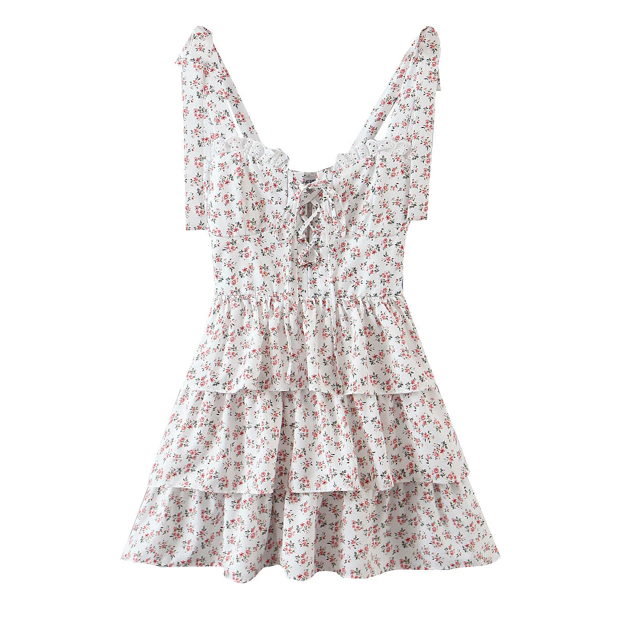 Floral Ribbon Tying Lace Up Ruffled Dress - Image 16