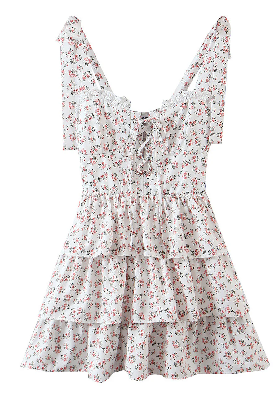 Floral Ribbon Tying Lace Up Ruffled Dress - Image 17