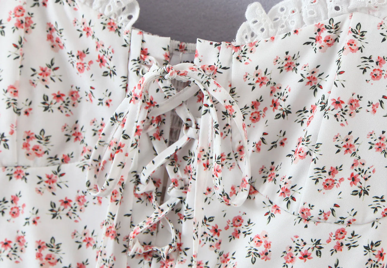 Floral Ribbon Tying Lace Up Ruffled Dress - Image 18