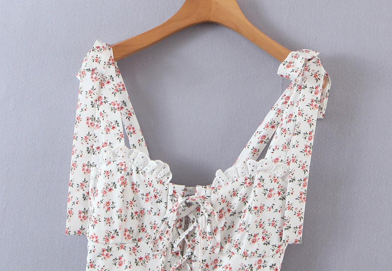 Floral Ribbon Tying Lace Up Ruffled Dress - Image 23