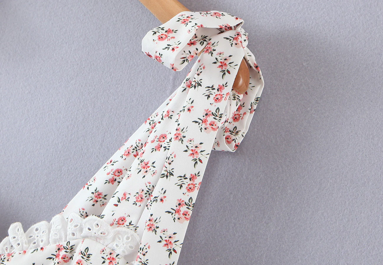 Floral Ribbon Tying Lace Up Ruffled Dress - Image 24