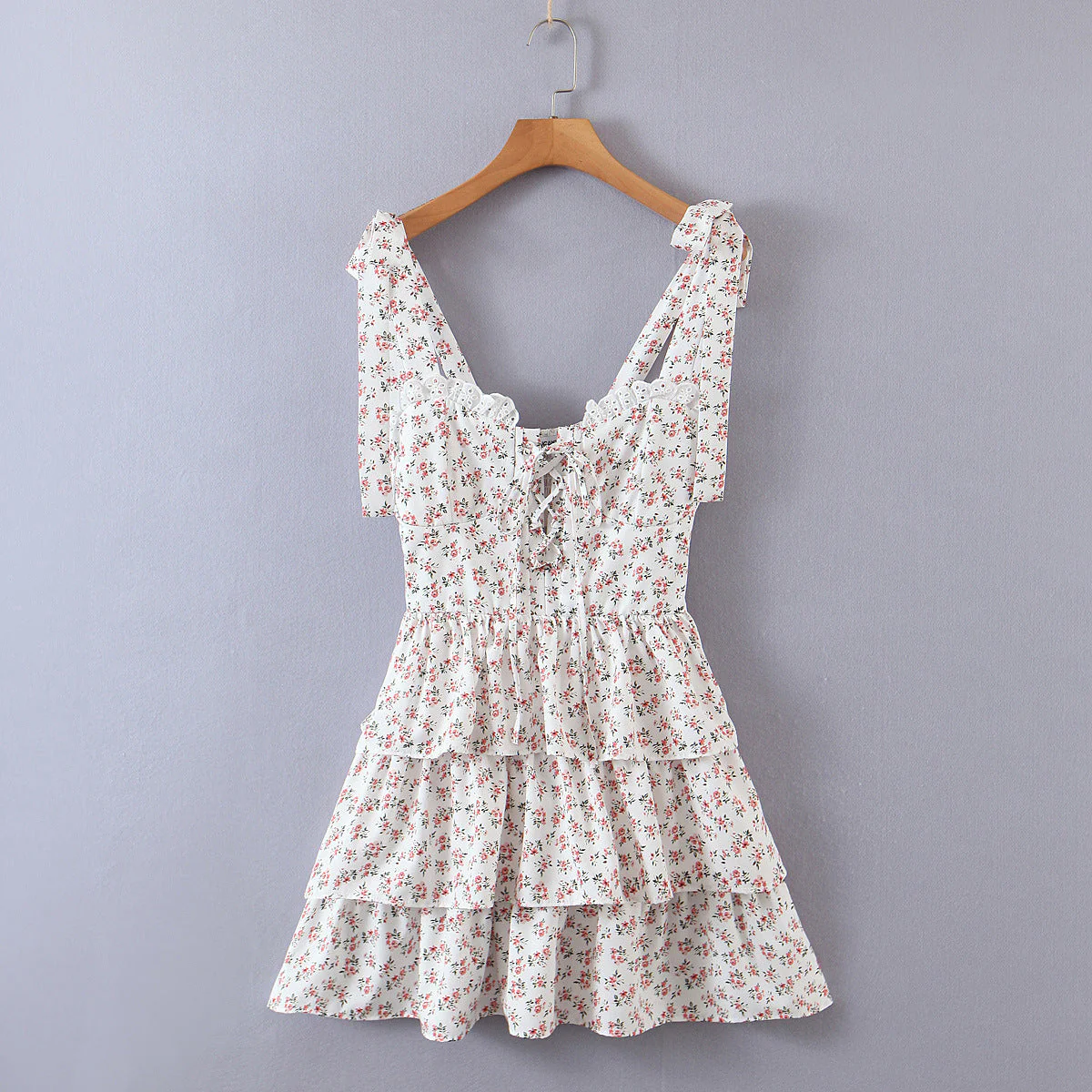 Floral Ribbon Tying Lace Up Ruffled Dress - Image 6