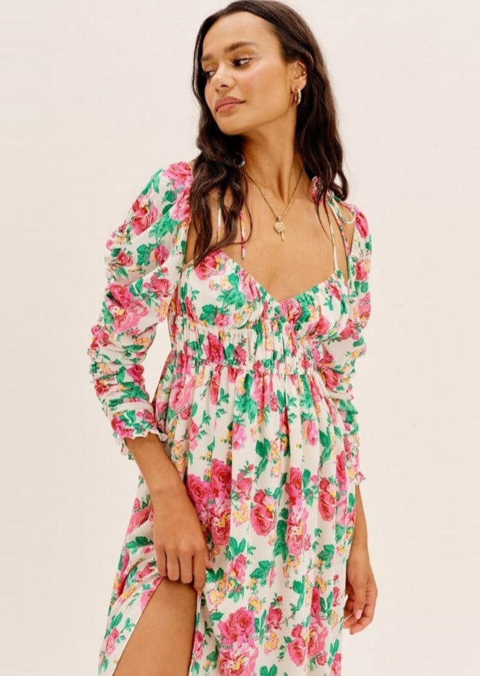 Floral Ruched Long Sleeve Leg Slit Midi Dress - Image 2