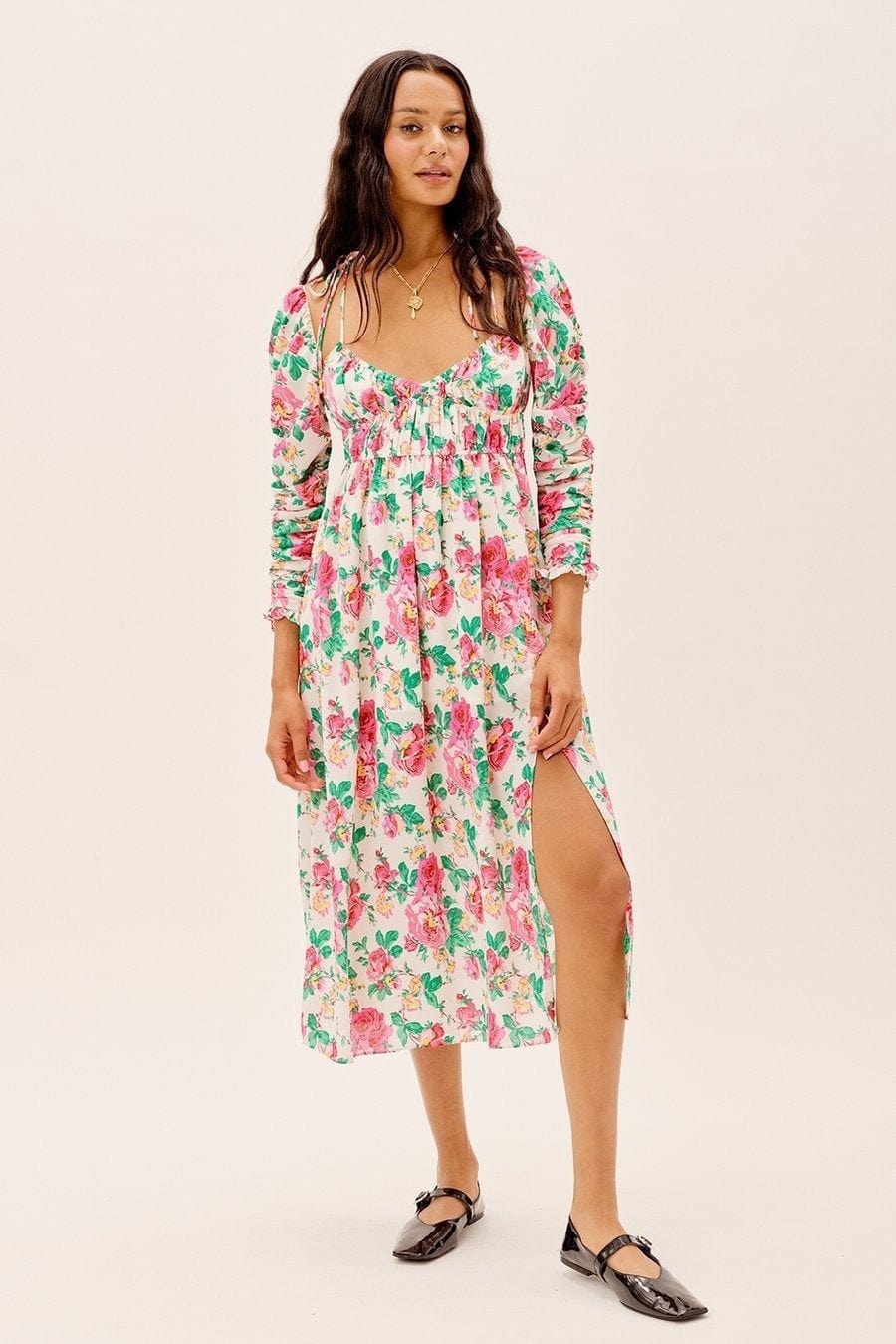 Floral Ruched Long Sleeve Leg Slit Midi Dress - Image 3