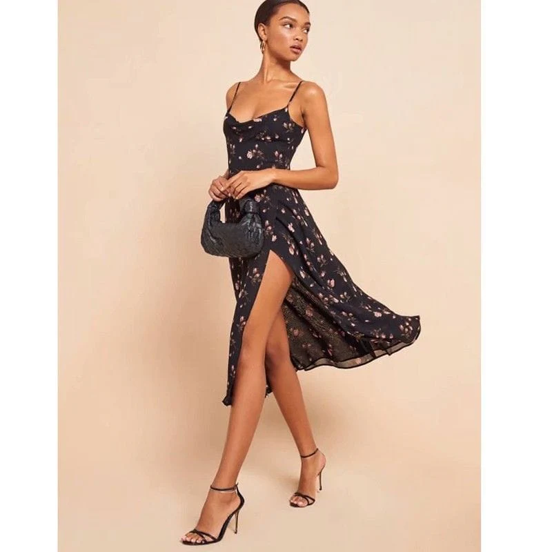 Floral Scoop Cowl Neck Leg Slit Midi Dress - Image 3
