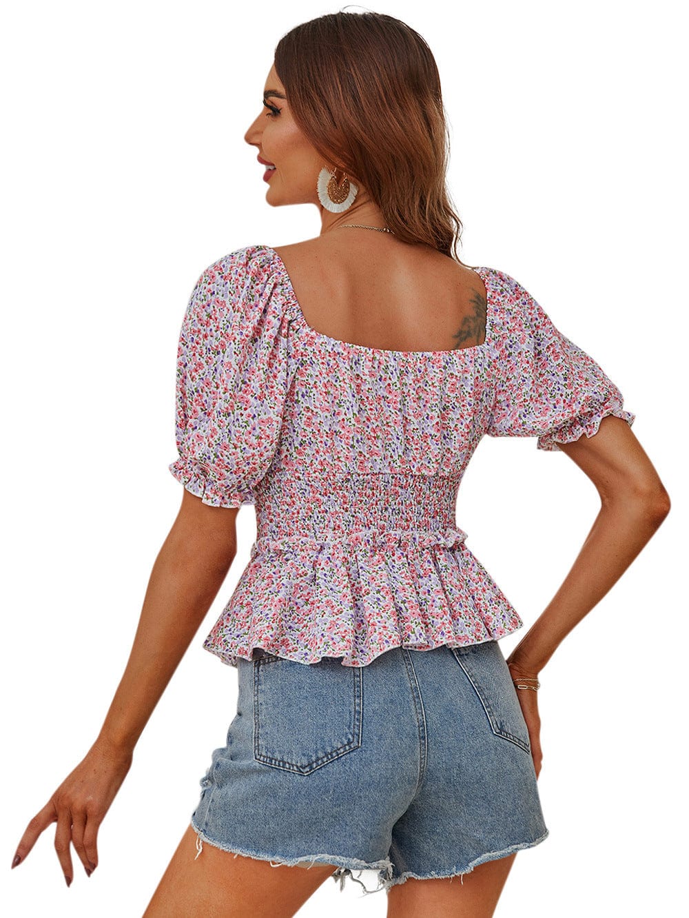Floral Shirred Waist Peplum Top - Image 2