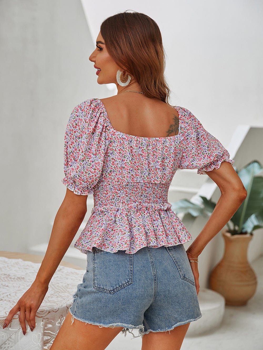 Floral Shirred Waist Peplum Top - Image 7