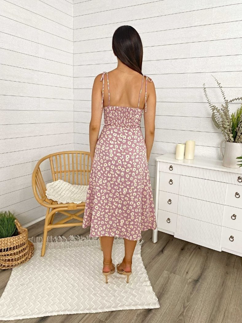 Floral Shoulder Tying Leg Slit Midi Dress - Image 2