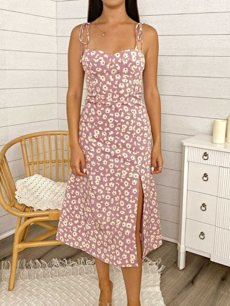 Floral Shoulder Tying Leg Slit Midi Dress - Image 4