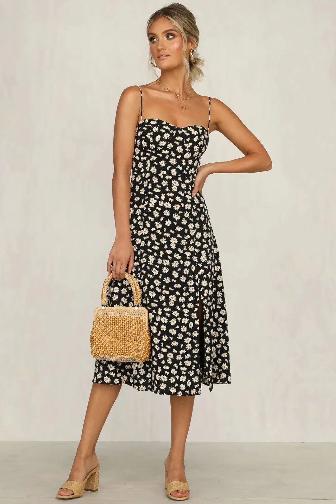 Floral Shoulder Tying Leg Slit Midi Dress - Image 7