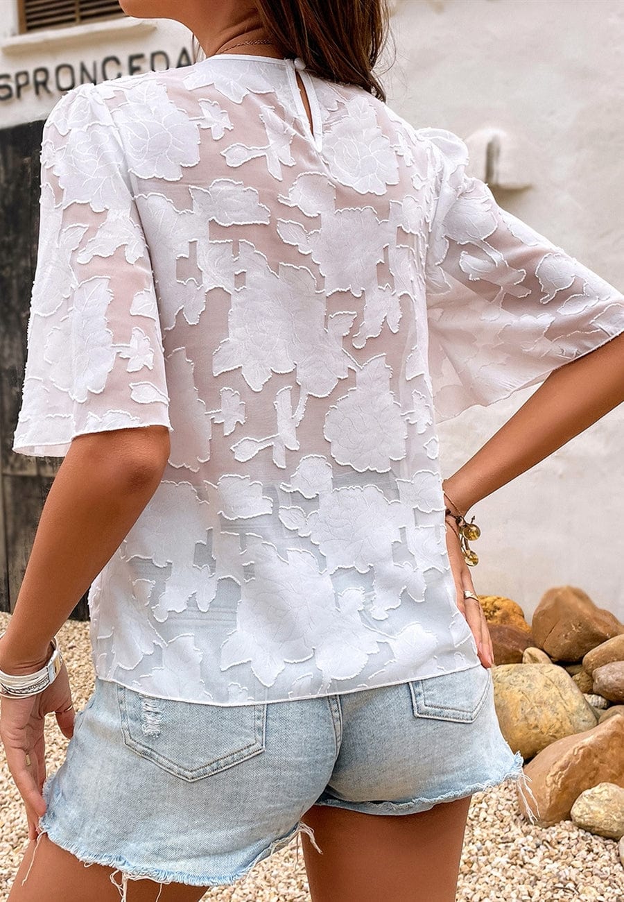 Floral Textured Flutter Sleeve Blouse - Image 12