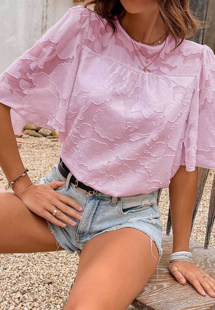 Floral Textured Flutter Sleeve Blouse - Image 8