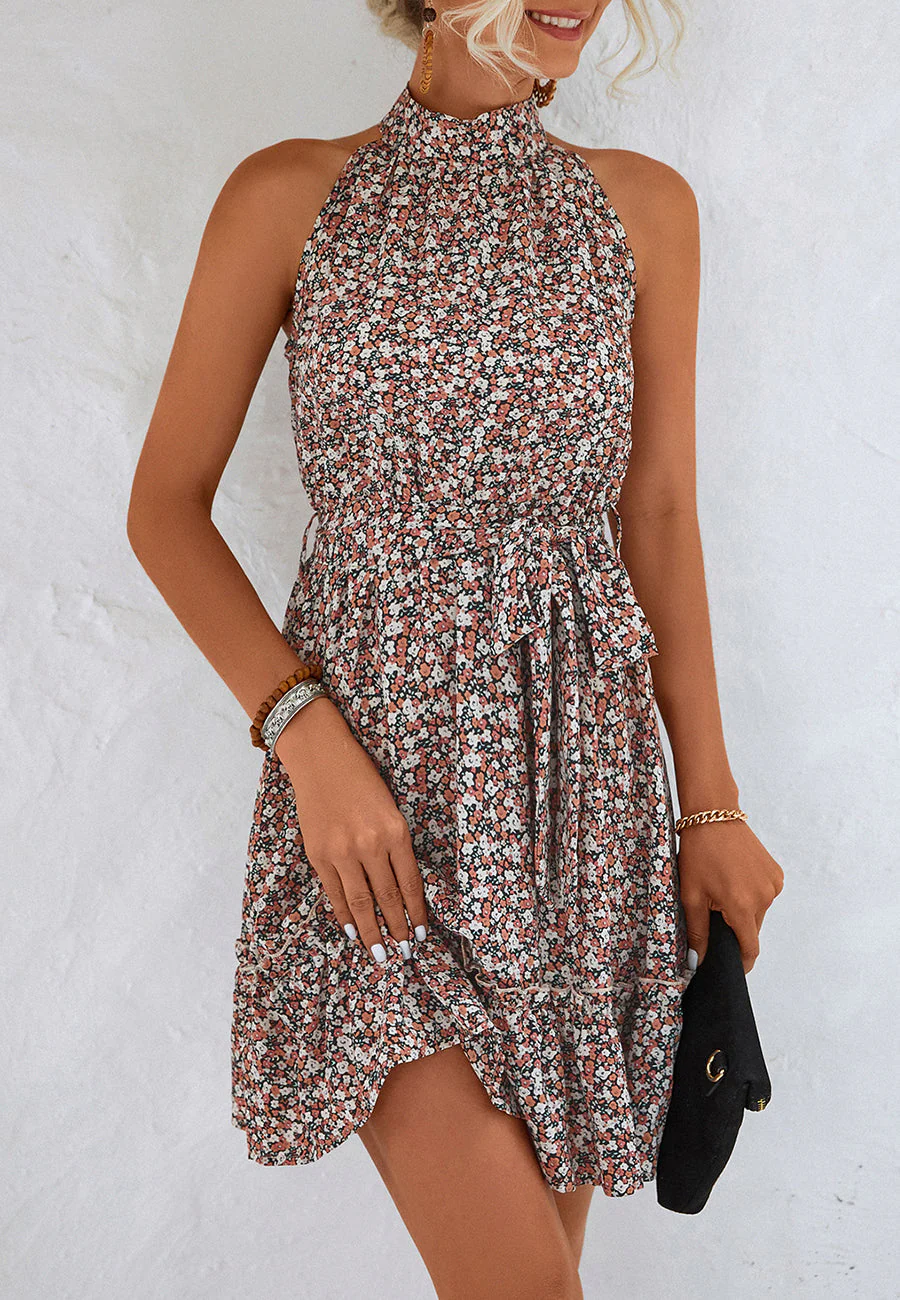 Floral Tie Waist Halter Dress - Image 9