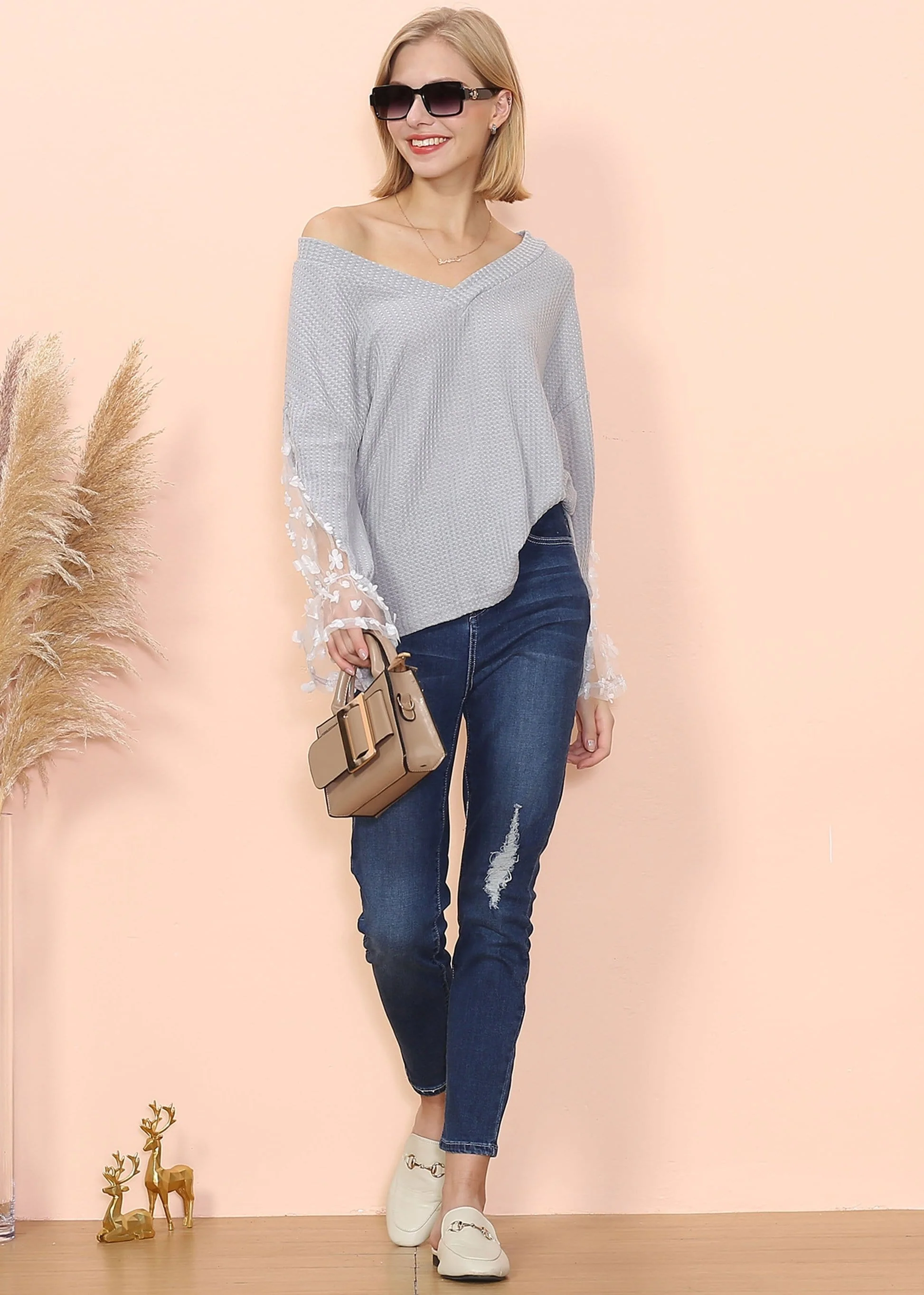 Flower Applique Bishop Sleeve Sweater - Image 5