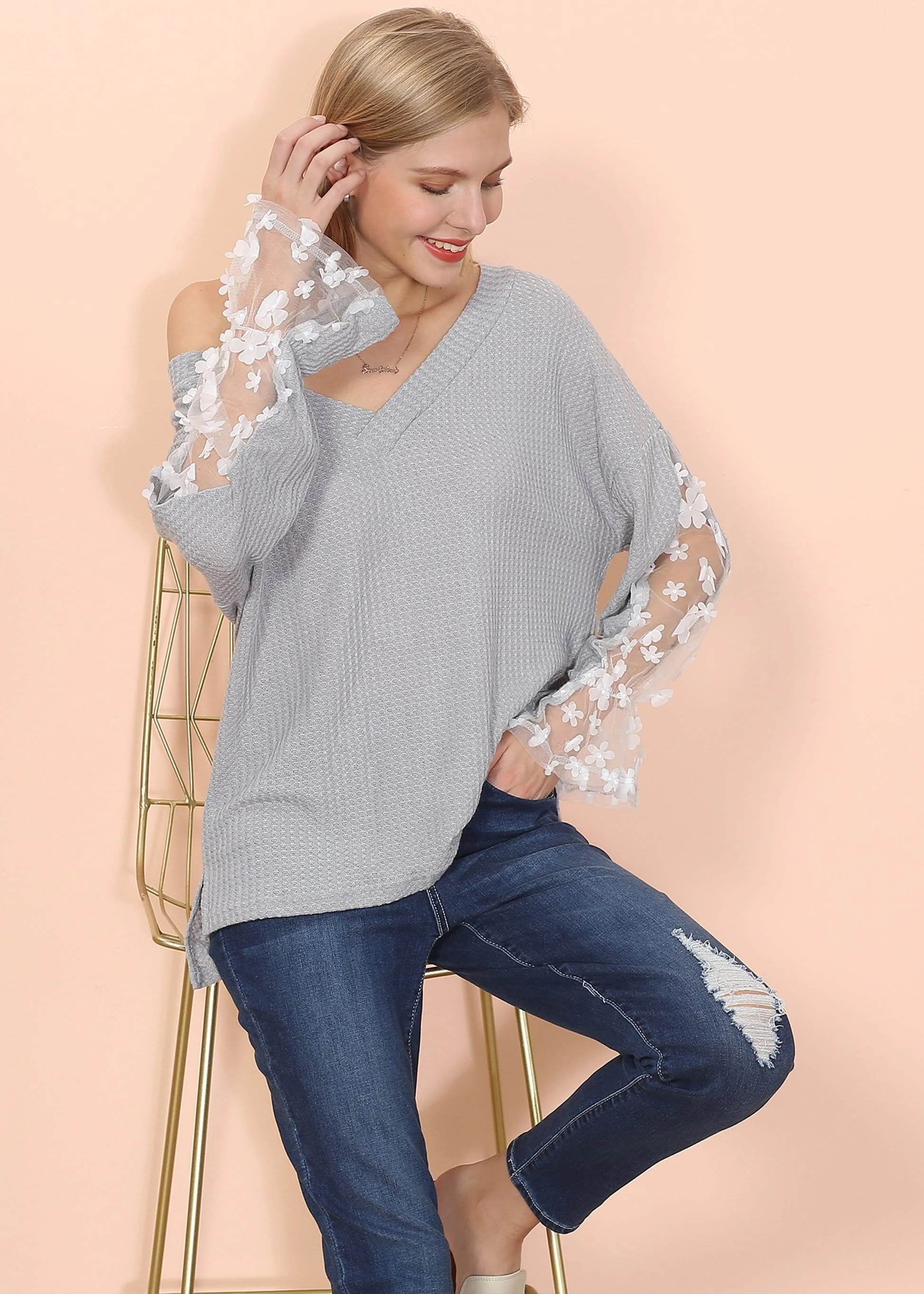 Flower Applique Bishop Sleeve Sweater - Image 6
