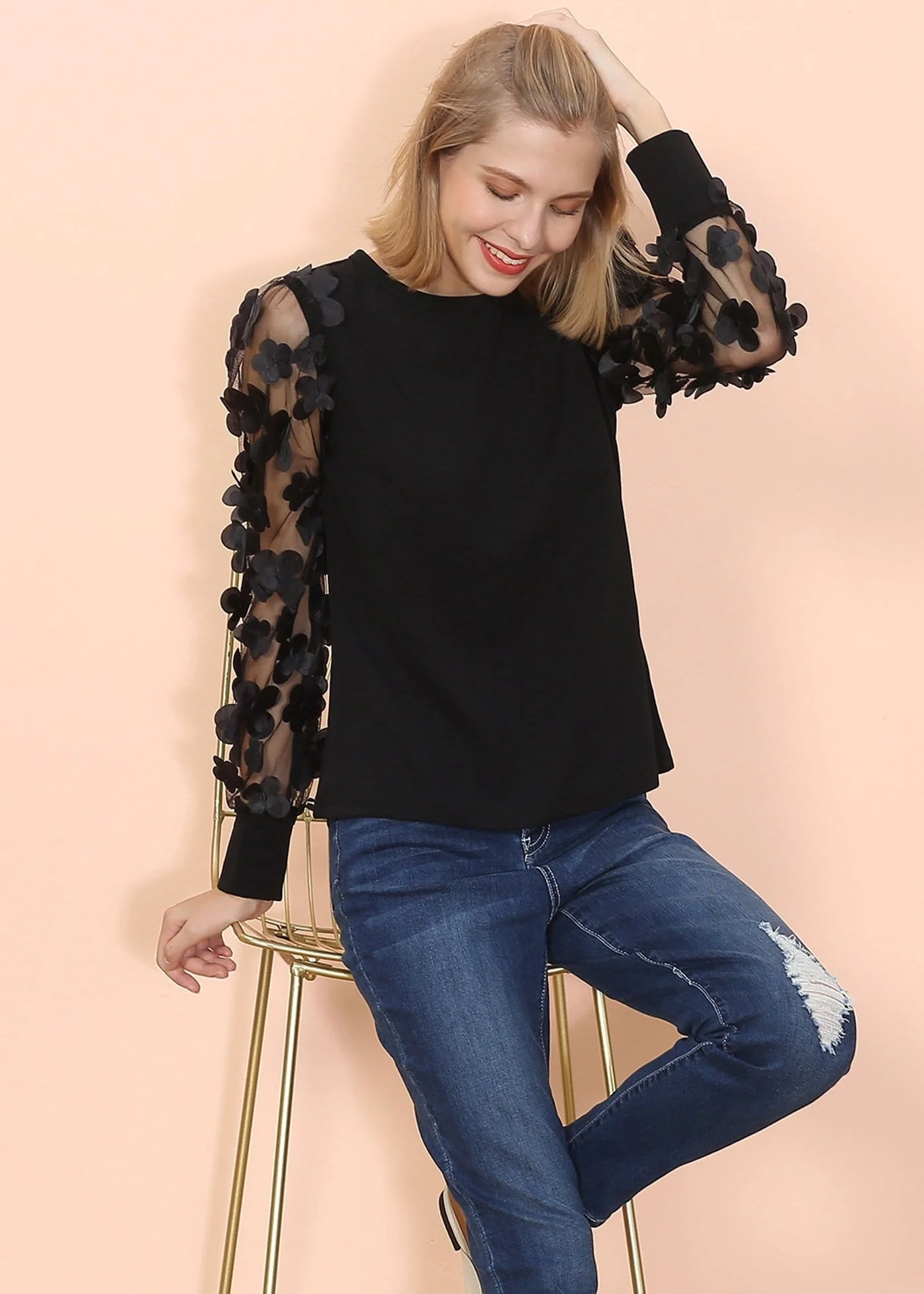 Flower Applique Mesh Sleeve Top