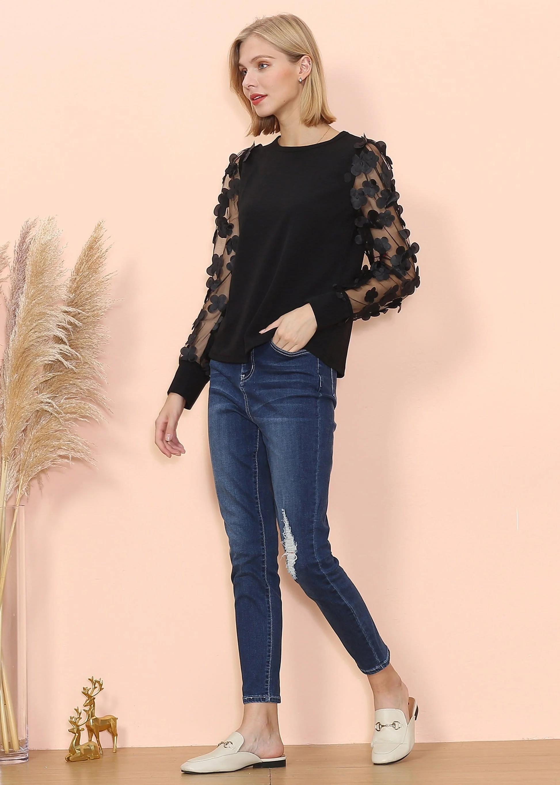 Flower Applique Mesh Sleeve Top - Image 10