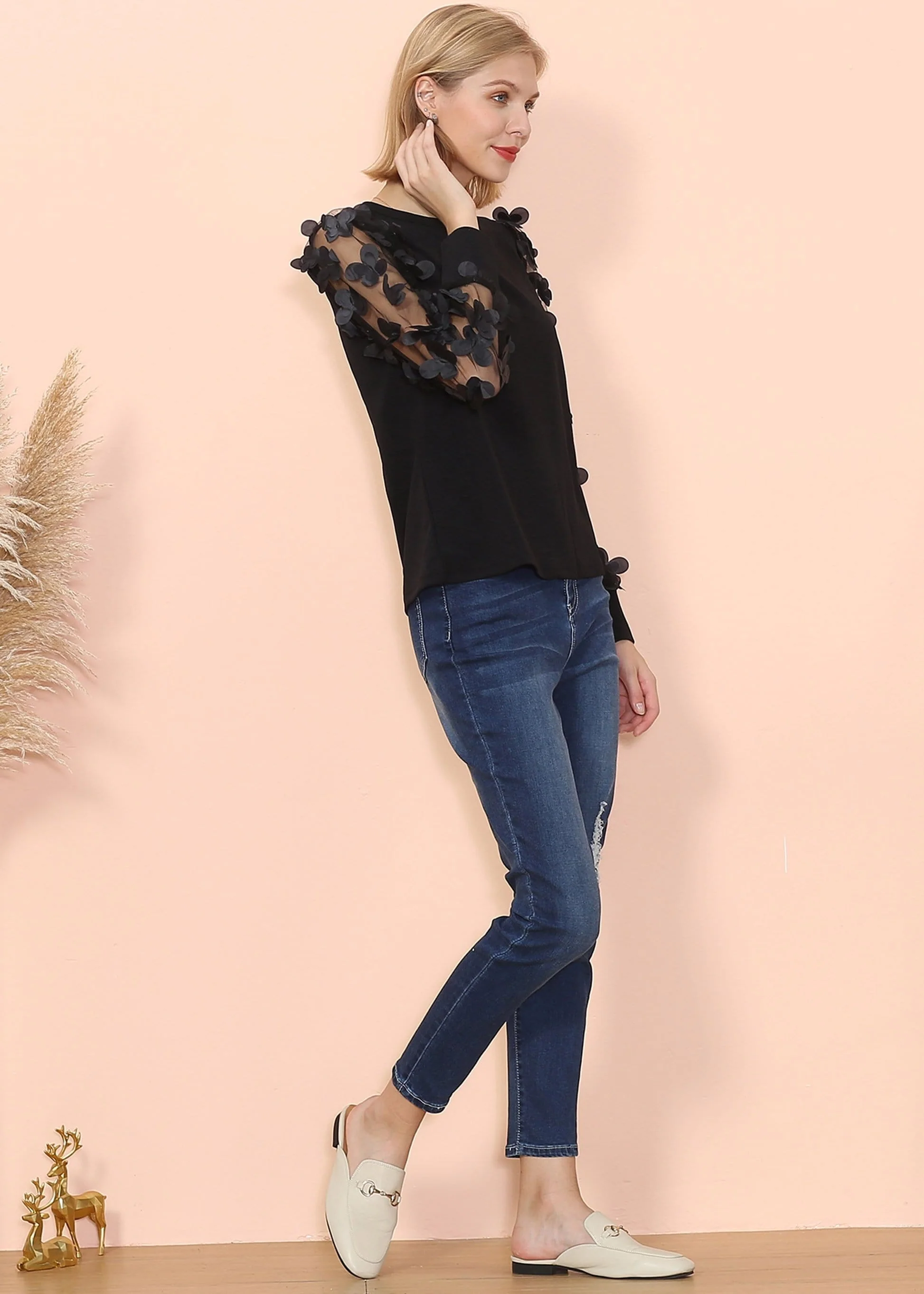 Flower Applique Mesh Sleeve Top - Image 9