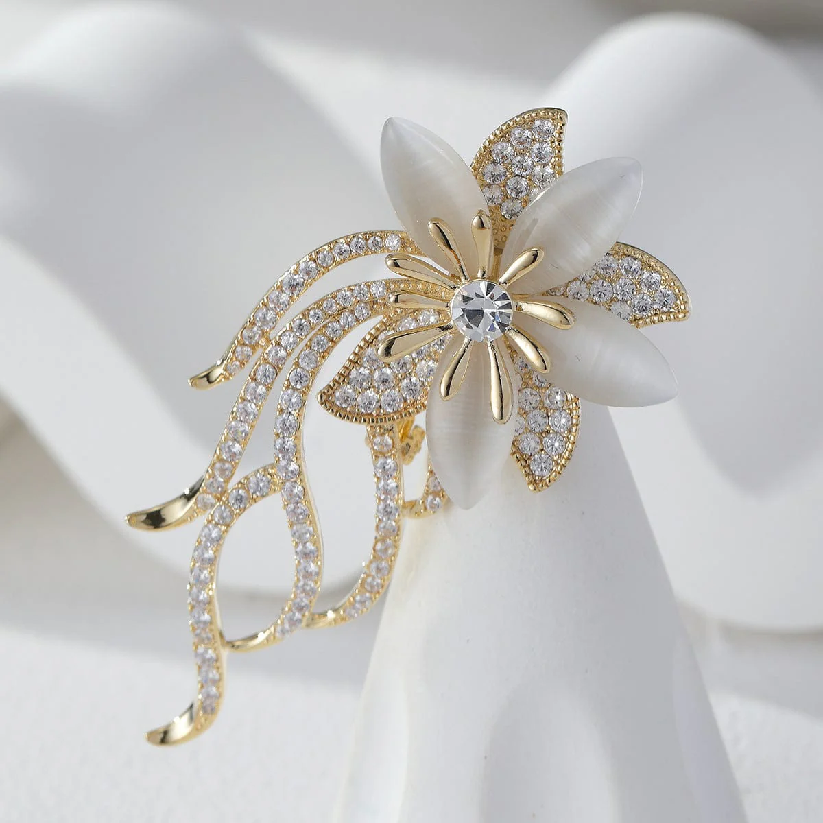 Flower Brooch Embellished with Clear Dazzling Crystals & Shell Stone - Image 2