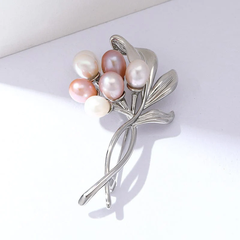 Flower Bundle Brooch with Pearls and Leaves - Image 2
