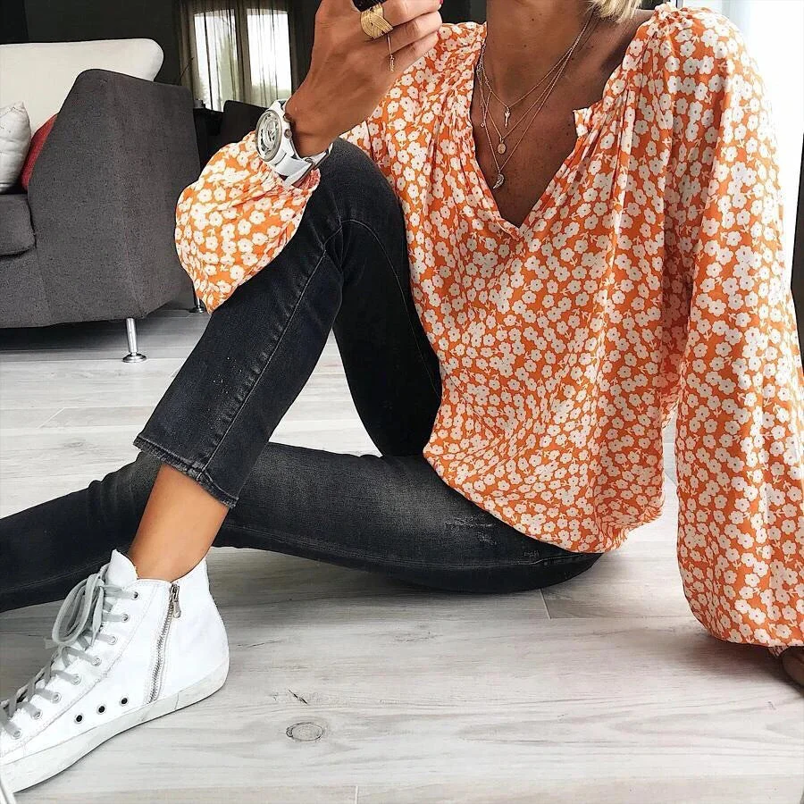 Flower Print Gathered Blouse - Image 19
